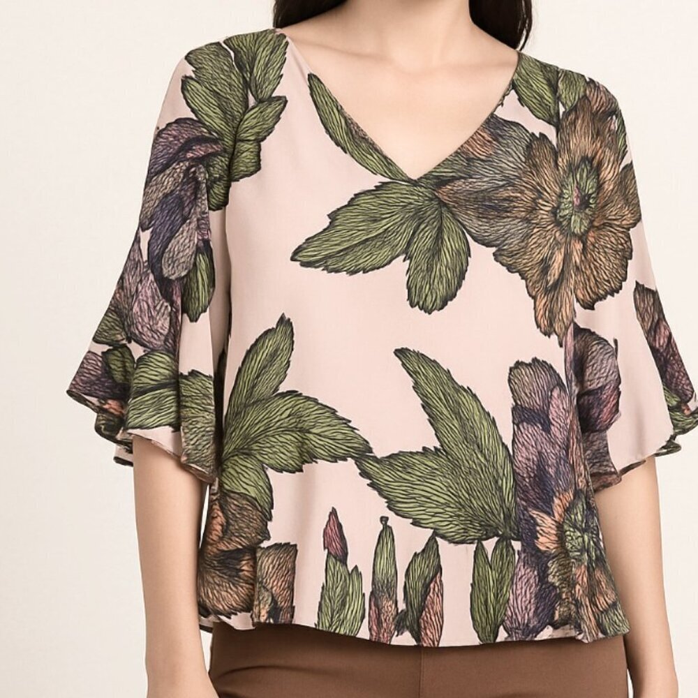 Badgley Mischka Women's Pink and Green V Neck Flutter 3/4 Sleeve Blouse Top